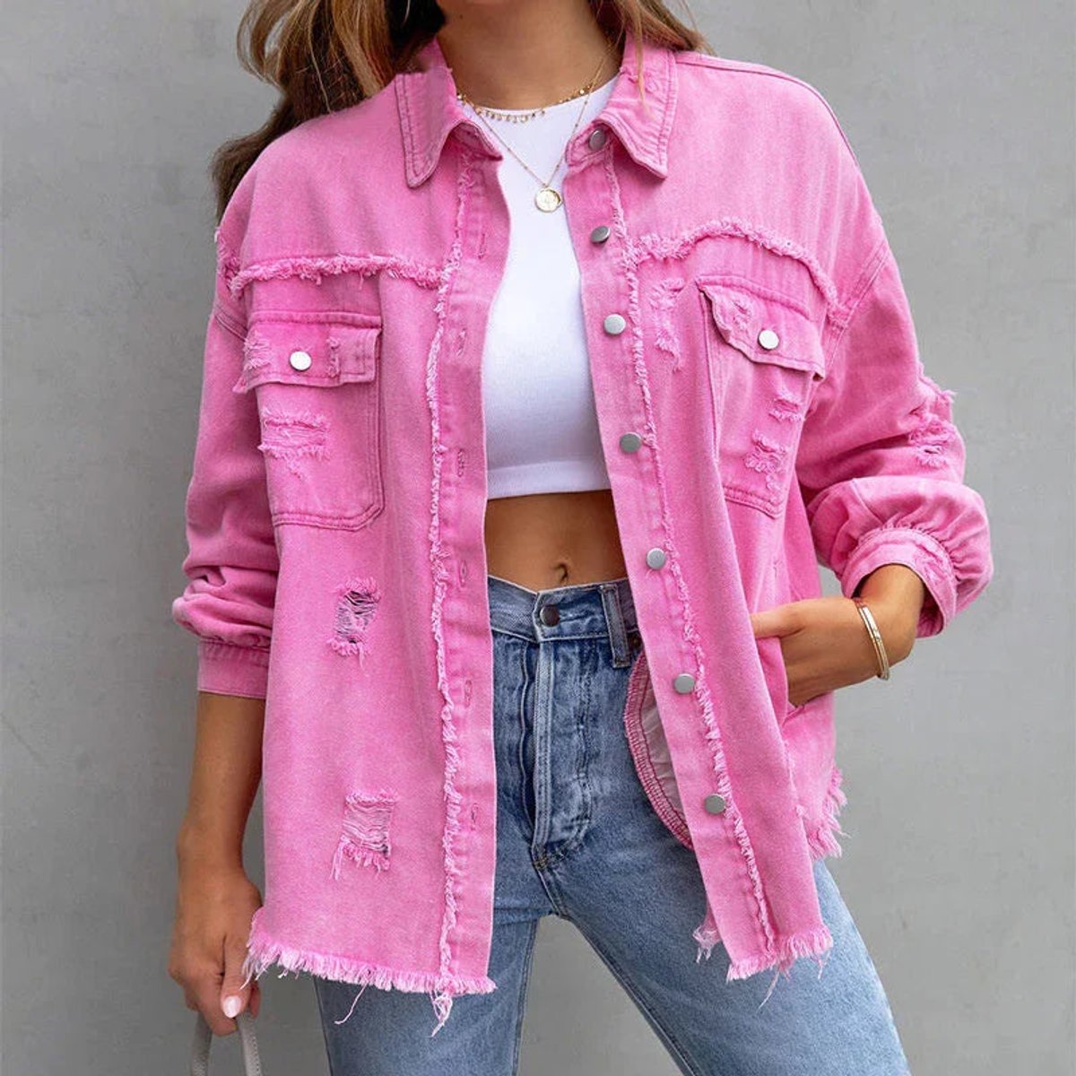 Women's Oversized Raw-Hem Distressed Denim Jacket