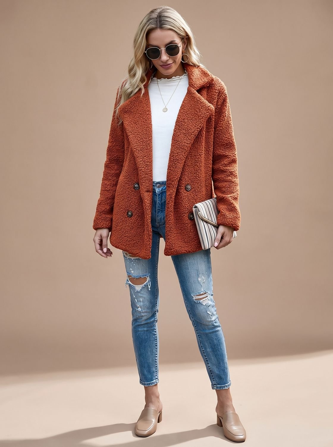 Layla | Women's Oversized Teddy Double-Breasted Notched-Lapel Jacket