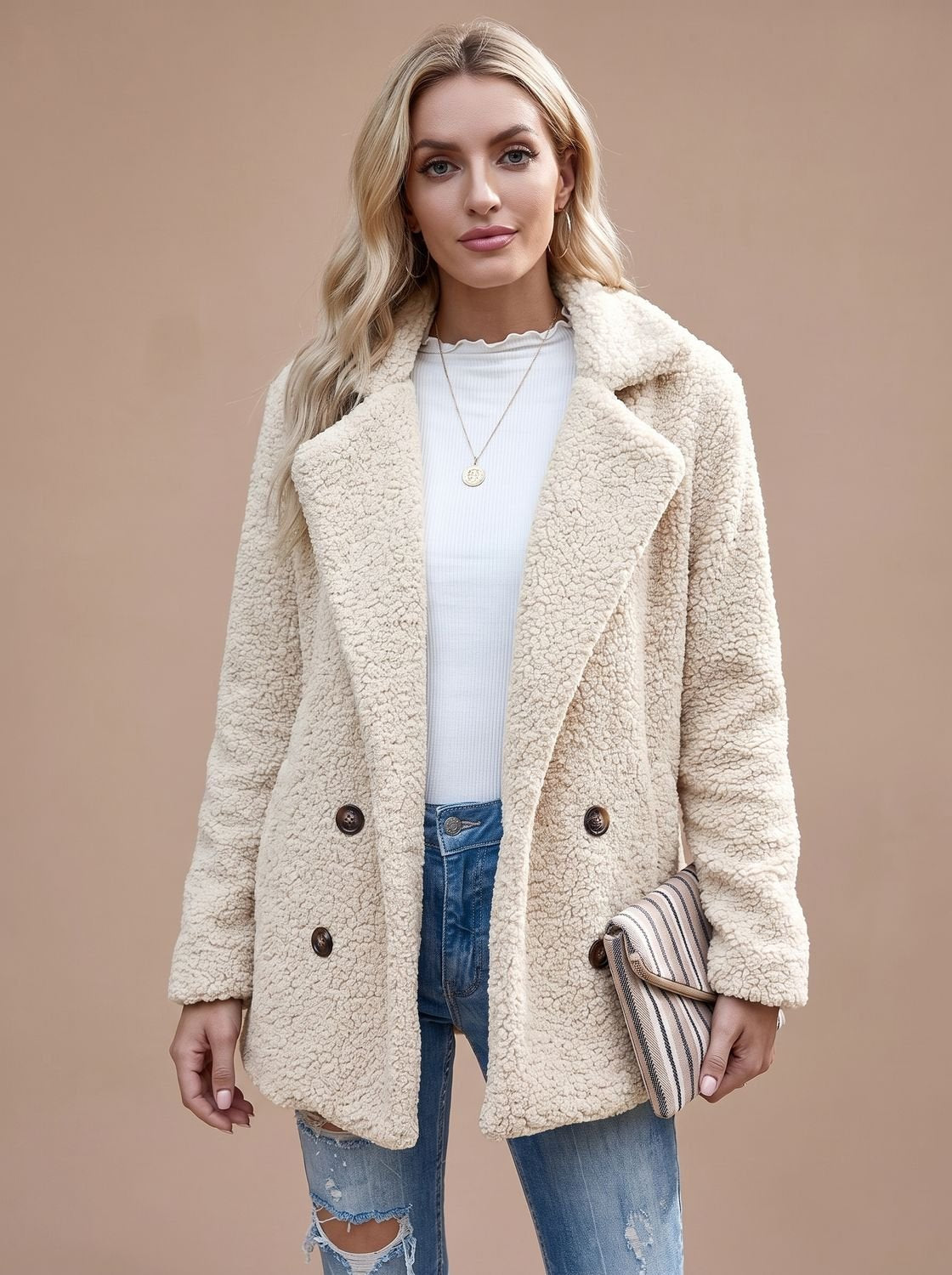 Layla | Women's Oversized Teddy Double-Breasted Notched-Lapel Jacket