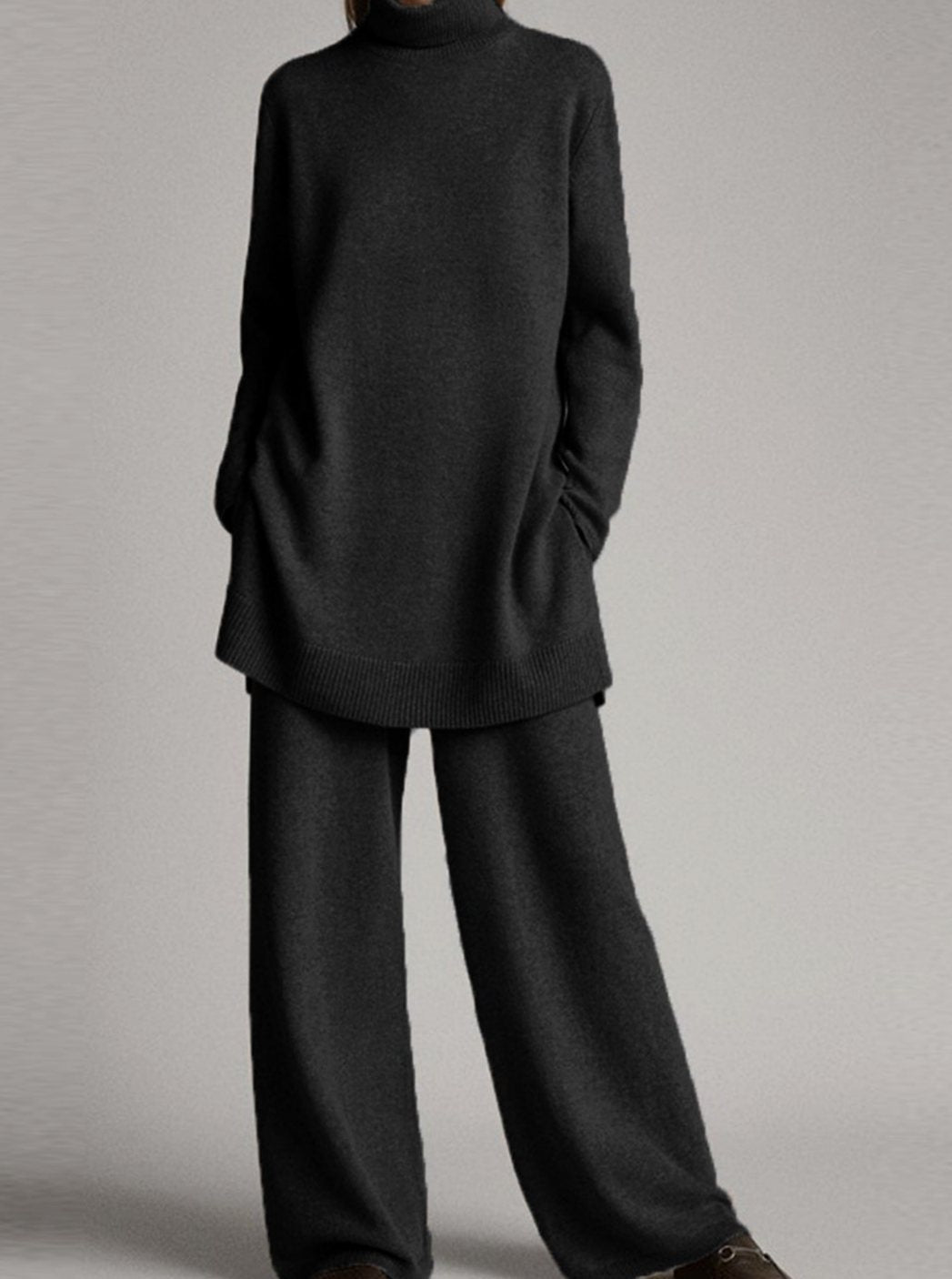 Women's Oversized Turtleneck Knit Lounge Set Wide-Leg Pants