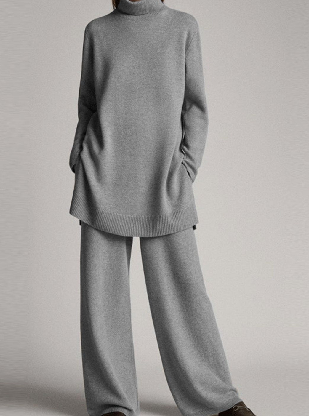 Women's Oversized Turtleneck Knit Lounge Set Wide-Leg Pants