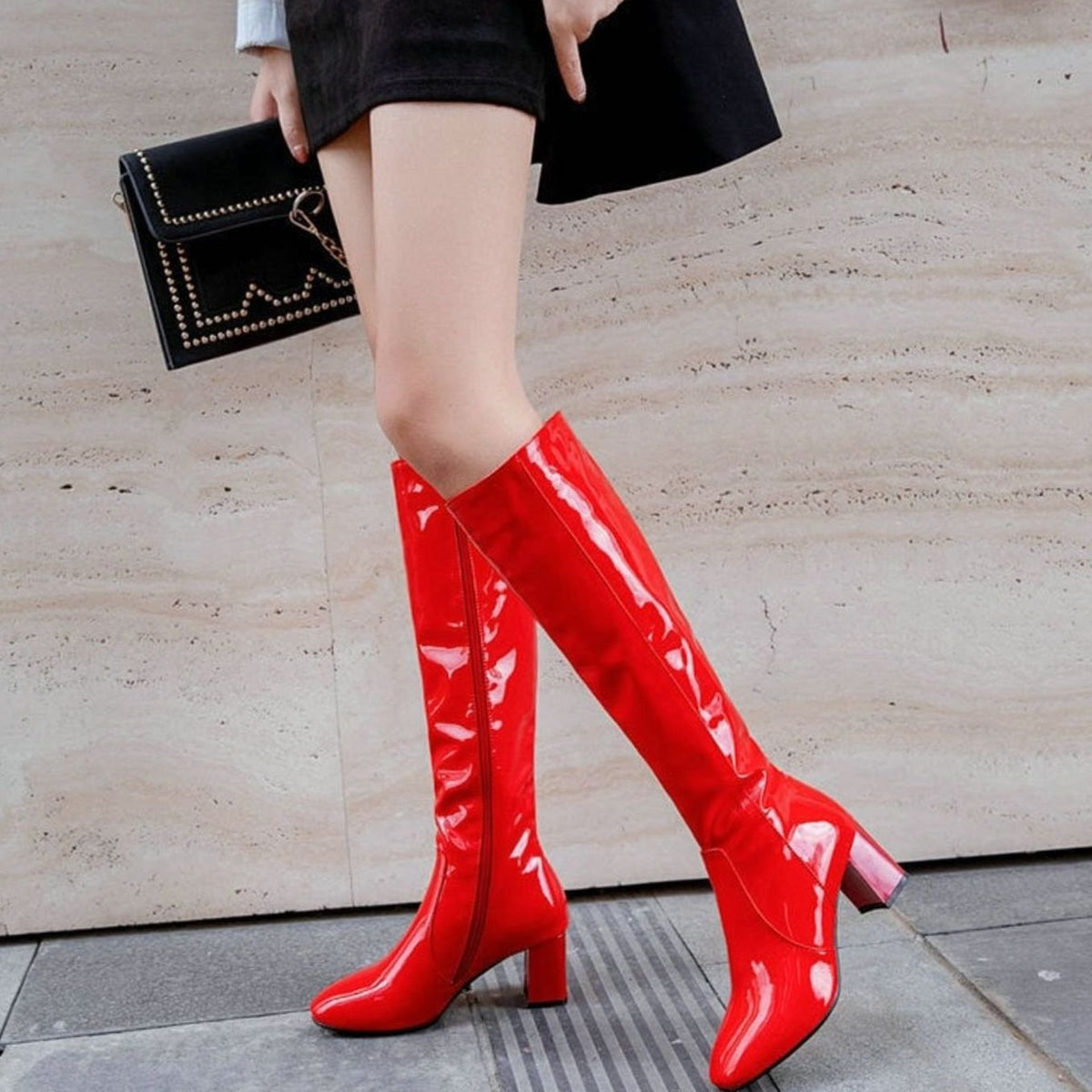 Women's Patent Leather Boots with a Glossy Knee High Shaft | Mirror Shine Upper, Block Heel, Side Zip | 3 Colors