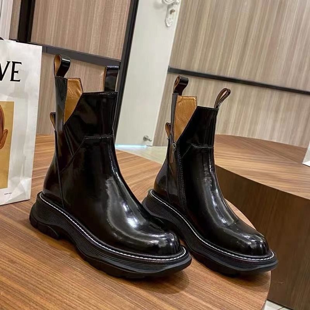 Women's Patent Leather Chelsea Ankle Boots Side-Zip Platform
