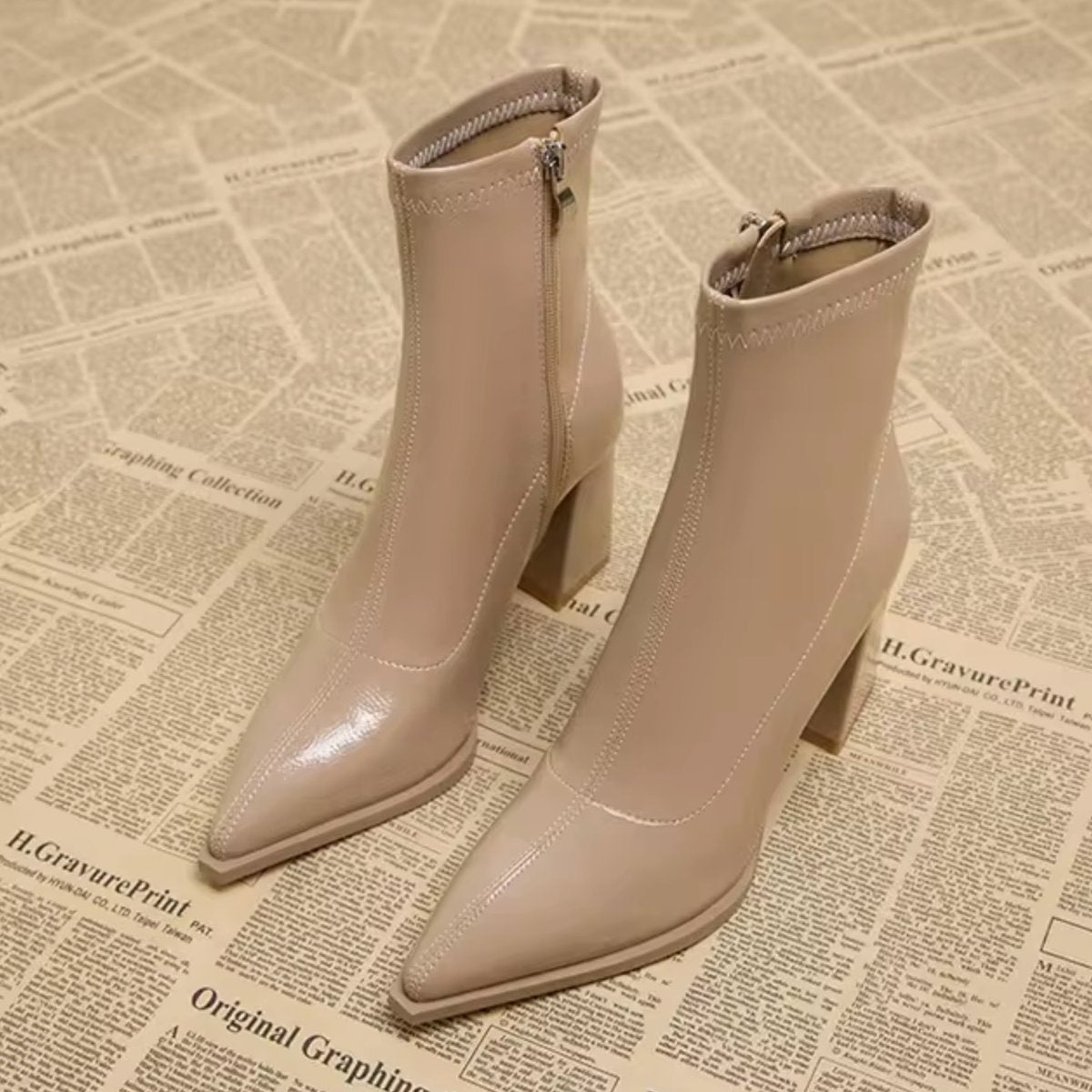 Women's Patent Leather Pointed-Toe Block-Heel Ankle Boots