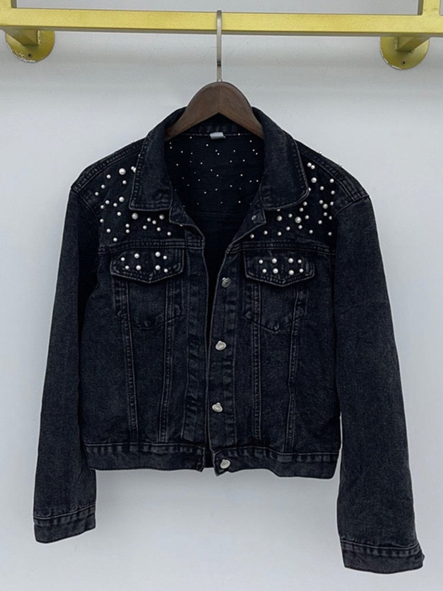 Women's Pearl-Embellished Button-Up Denim Jacket