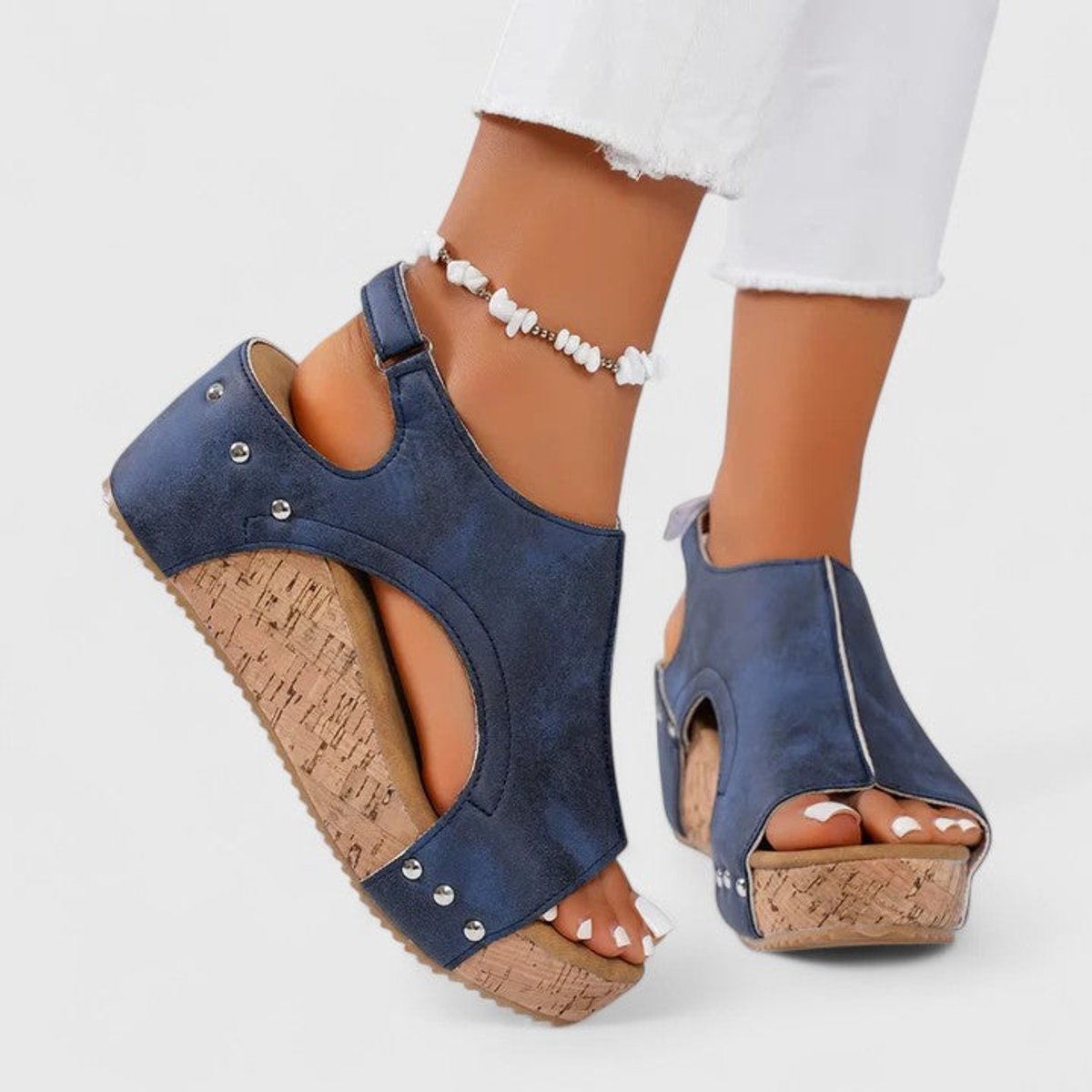 Women's Peep-Toe Cork Wedge Suede Slingback Sandals
