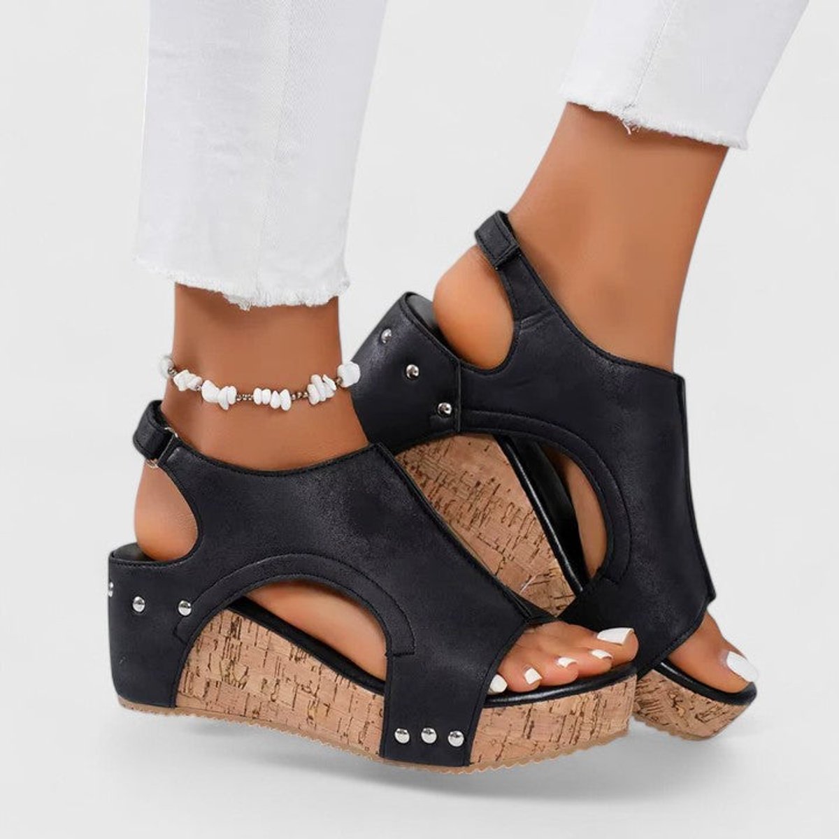 Women's Peep-Toe Cork Wedge Suede Slingback Sandals