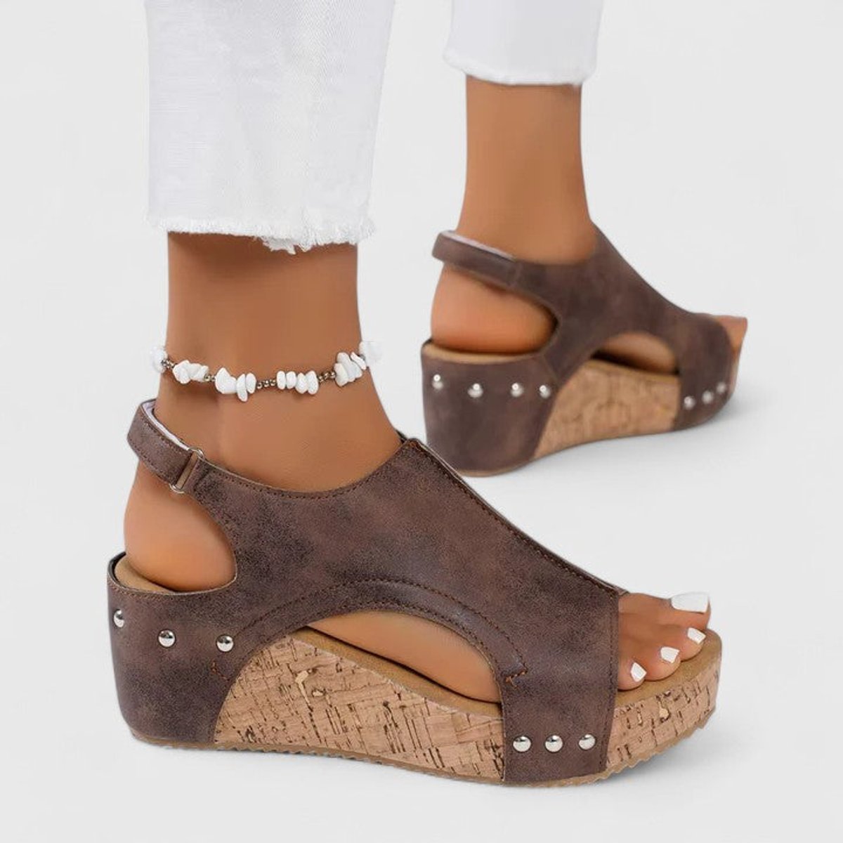 Women's Peep-Toe Cork Wedge Suede Slingback Sandals