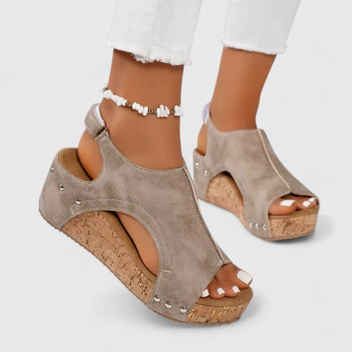 Women's Peep-Toe Cork Wedge Suede Slingback Sandals