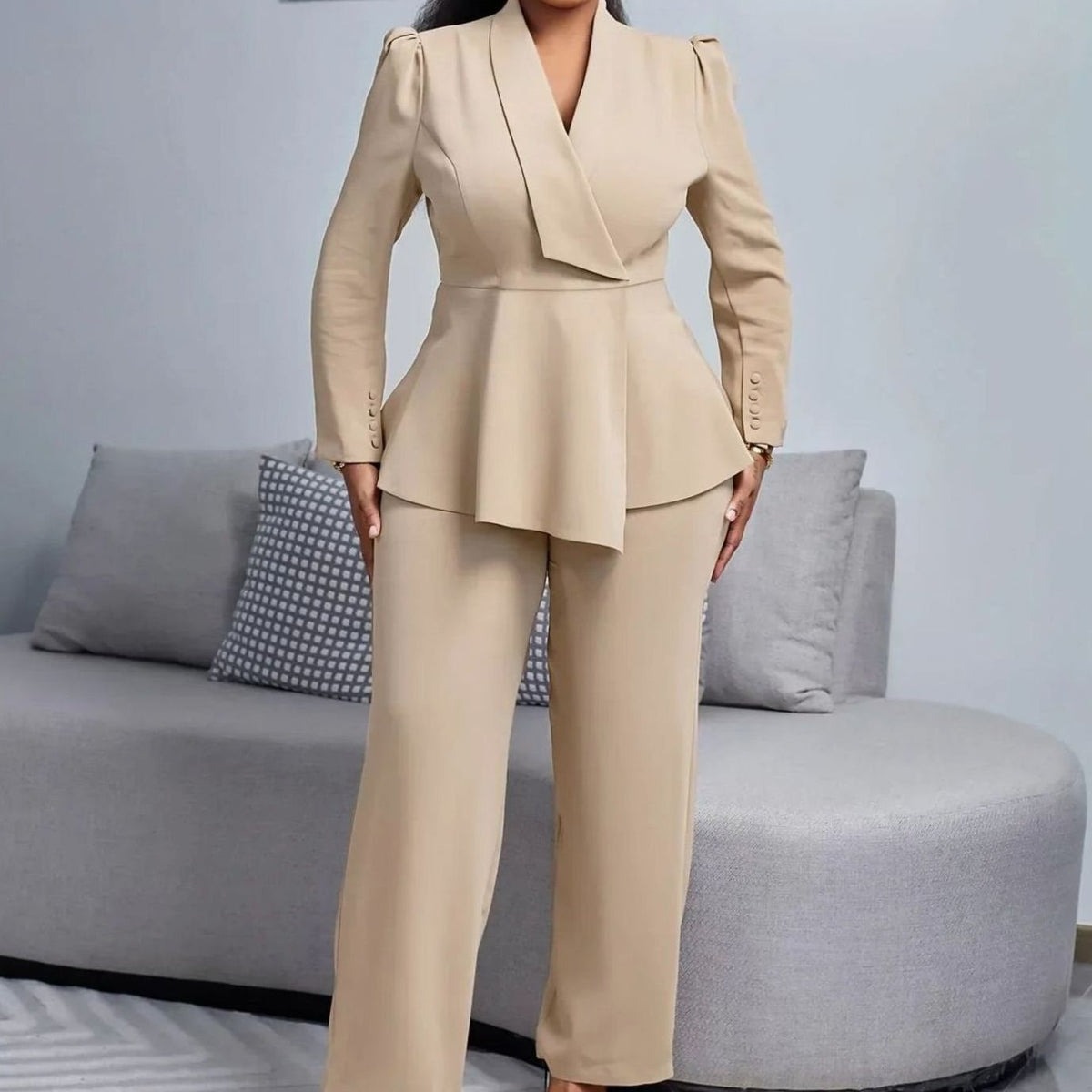 Women's Peplum Blazer Wide-Leg Pants Suit Set