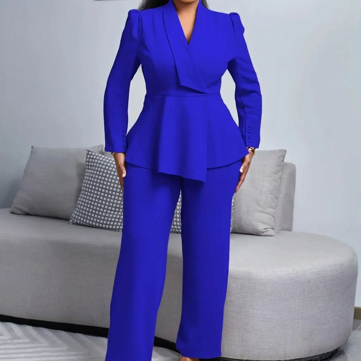 Women's Peplum Blazer Wide-Leg Pants Suit Set