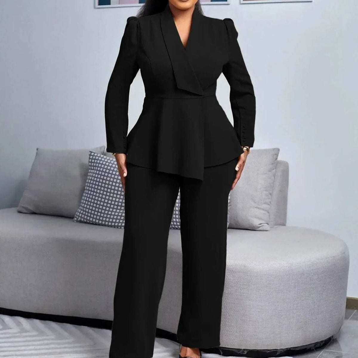 Women's Peplum Blazer Wide-Leg Pants Suit Set