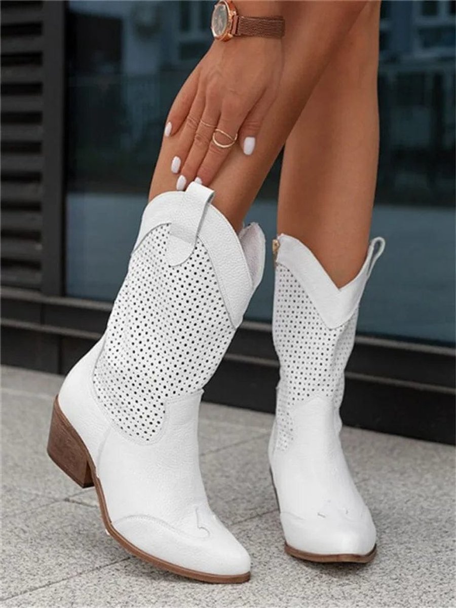 Women's Perforated Suede Western Cowboy Mid-Calf Block Heel Boots