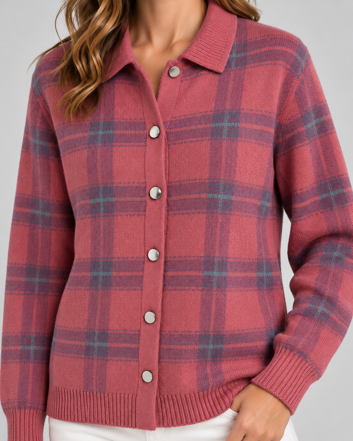 Women's Plaid Knit Cardigan - Collared Button Front Relaxed Fit