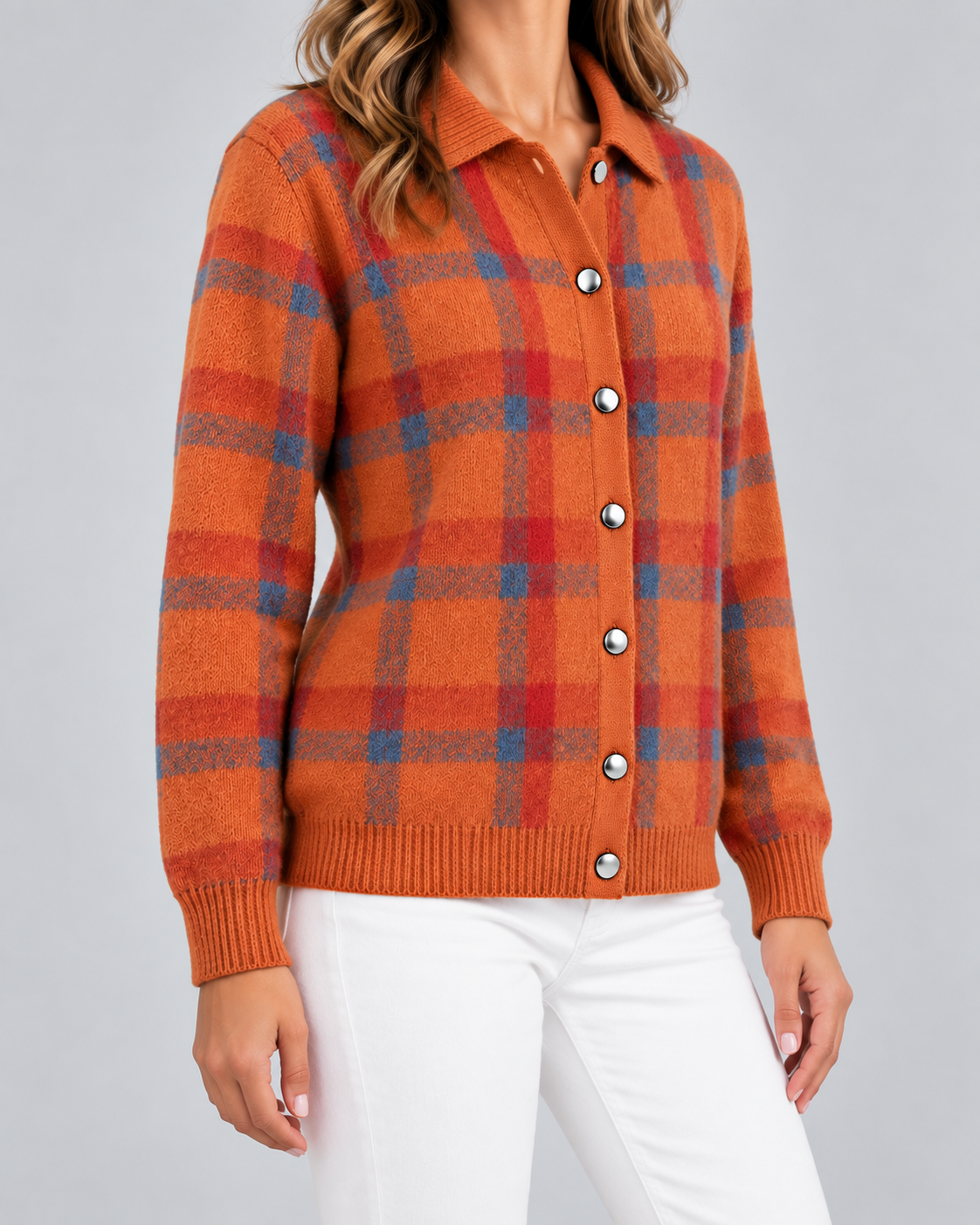 Women's Plaid Knit Cardigan - Collared Button Front Relaxed Fit