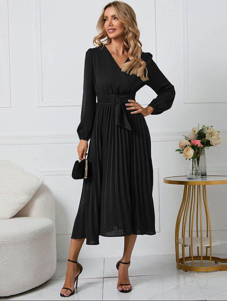Women's Pleated Midi Dress with Long Sleeves and Wrap Waist