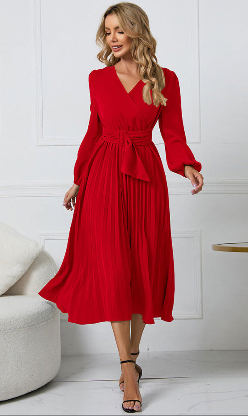 Women's Pleated Midi Dress with Long Sleeves and Wrap Waist