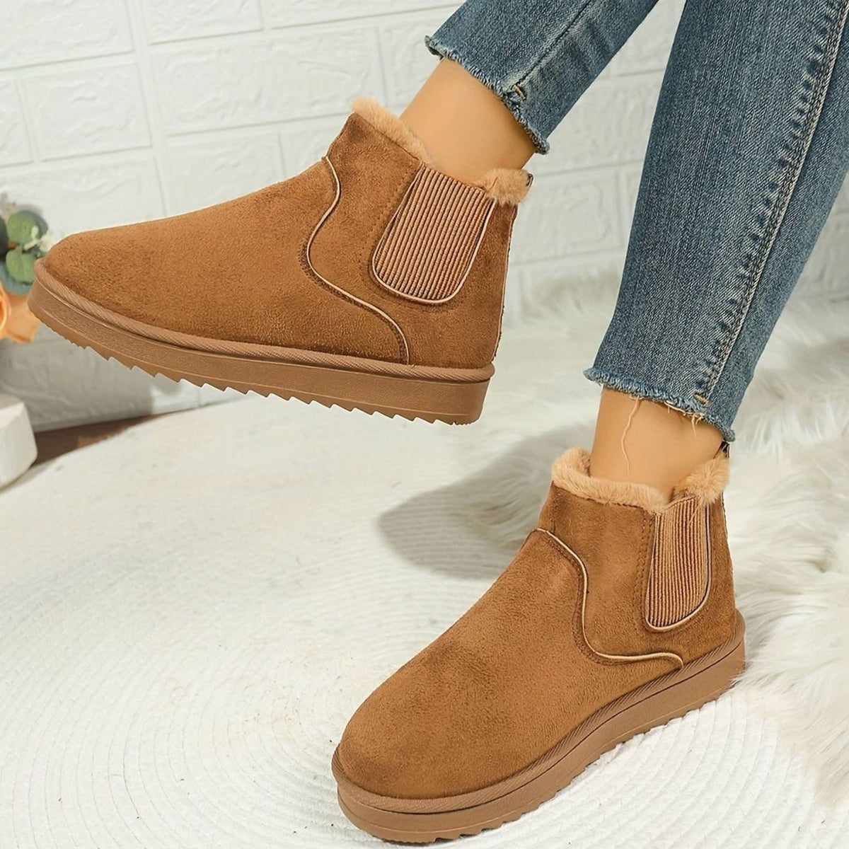 Women's Plush-Lined Ankle Boots | Elastic Side Panels for Slip-On Wear and Textured Platform Sole | 3 Colors