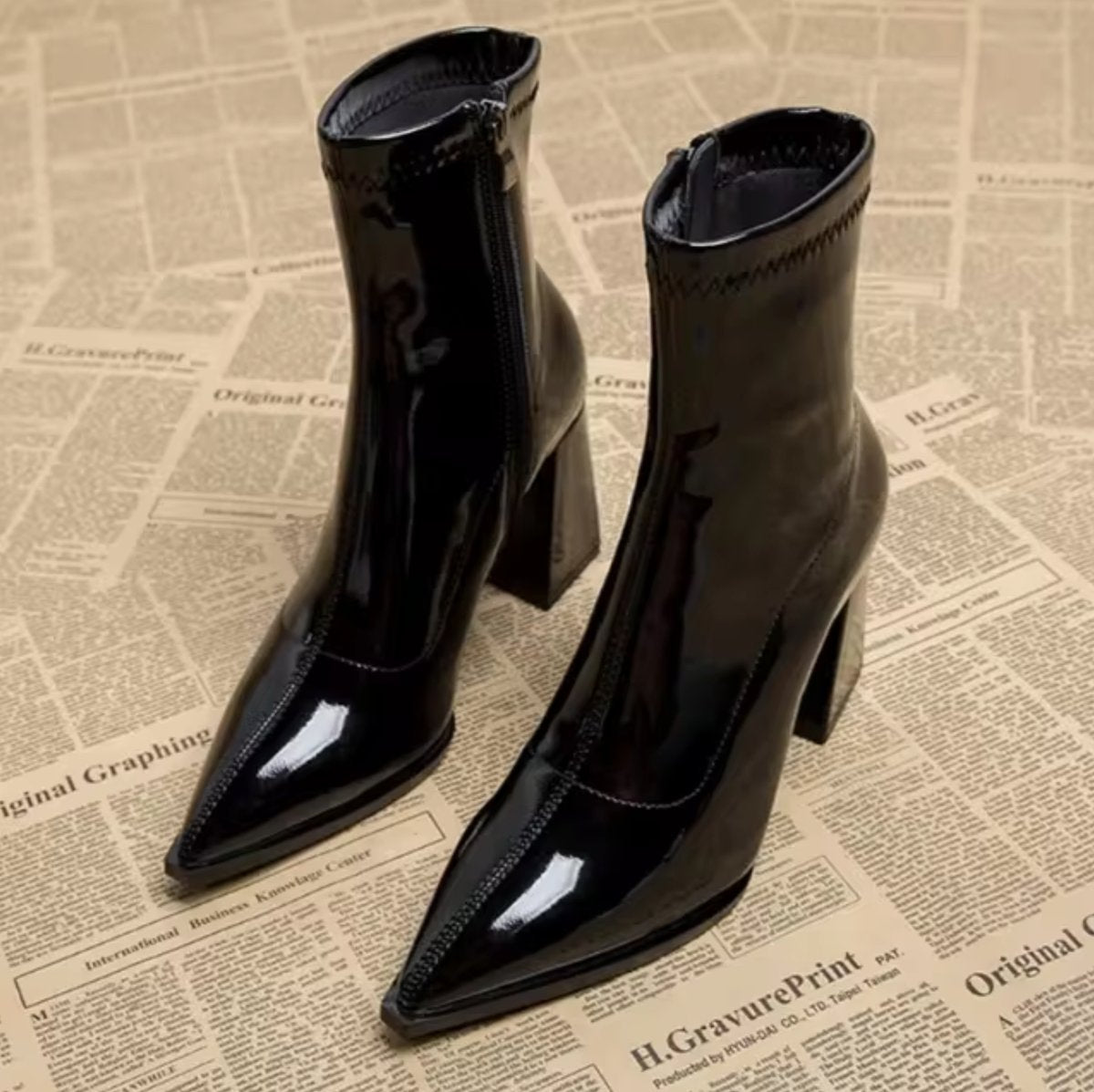 Women's Pointed-Toe Block-Heel Patent Ankle Boots