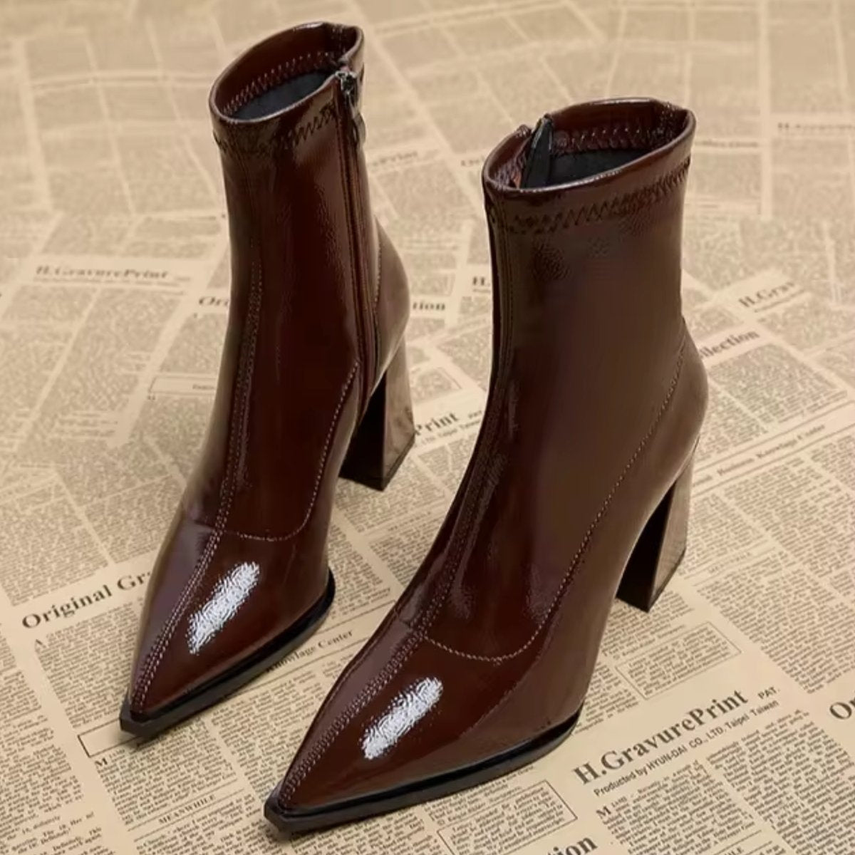 Women's Pointed-Toe Block-Heel Patent Ankle Boots
