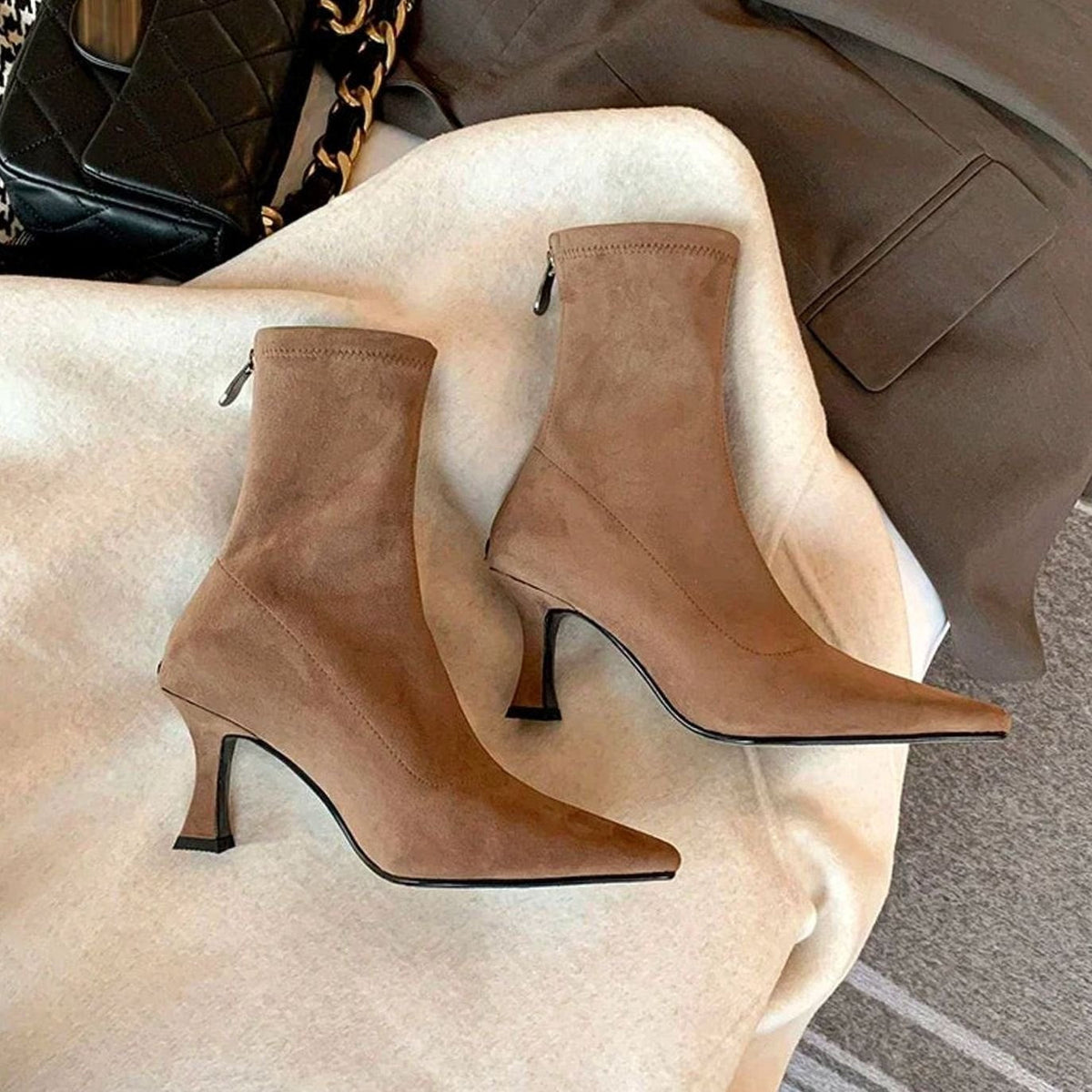 Luna | Women's Pointed Toe Kitten Heel Sock Ankle Boots