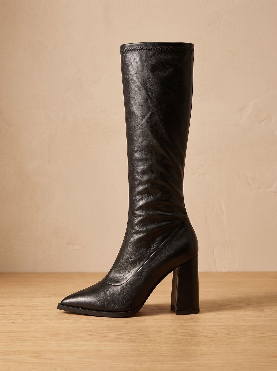 Women's Pointed Toe Knee High Boots in Smooth Faux Leather | Chunky Block Heel, Tall Fitted Shaft | 2 Colors