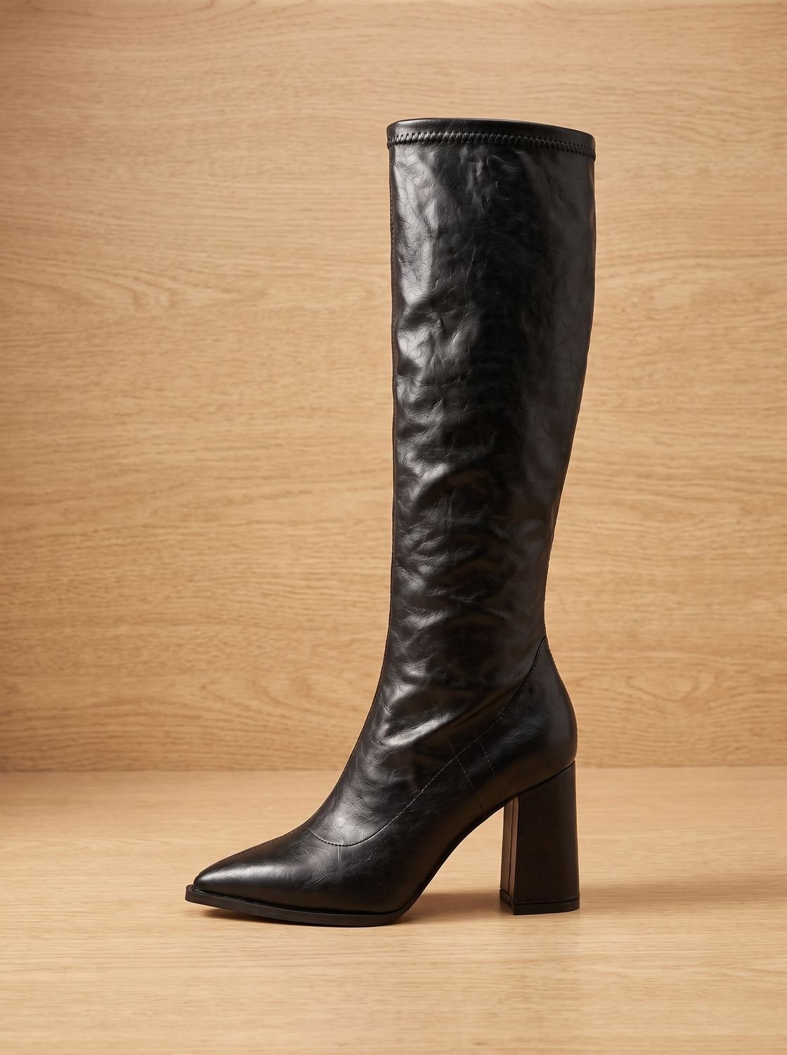 Women's Pointed Toe Knee High Boots in Smooth Faux Leather | Chunky Block Heel, Tall Fitted Shaft | 2 Colors