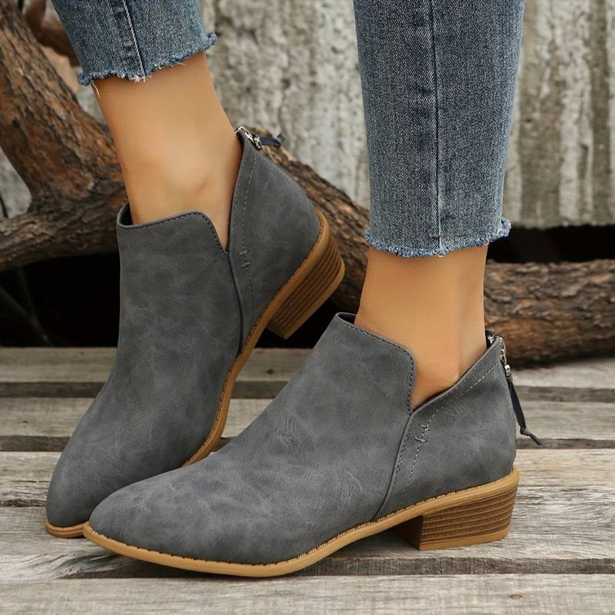 Women's Pointed-Toe Low-Heel Suede Ankle Boots Side-Zip