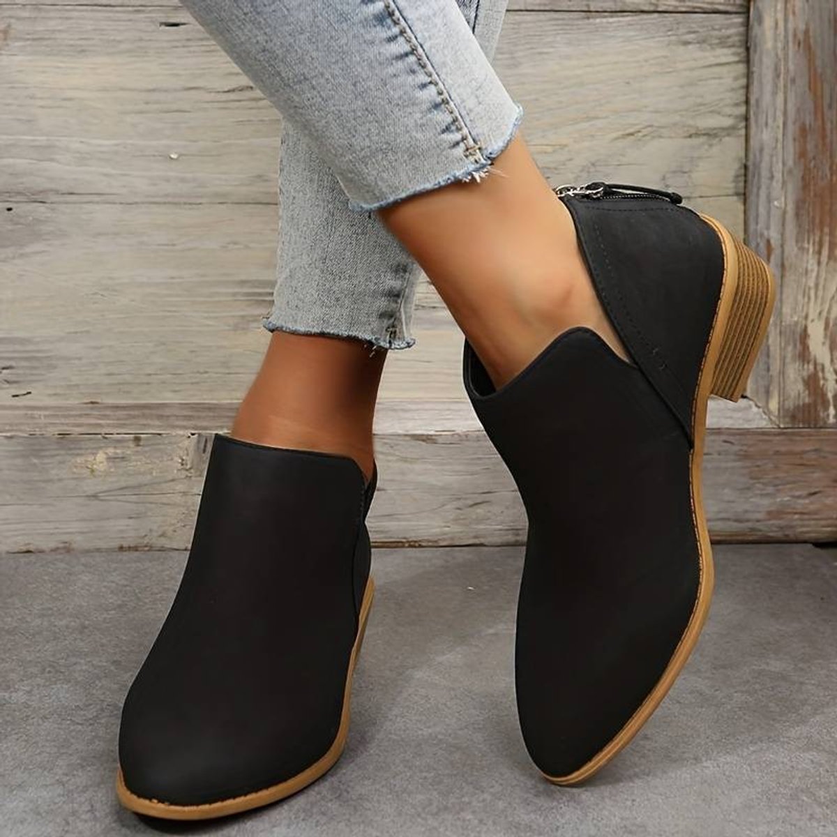 Women's Pointed-Toe Low-Heel Suede Ankle Boots Side-Zip