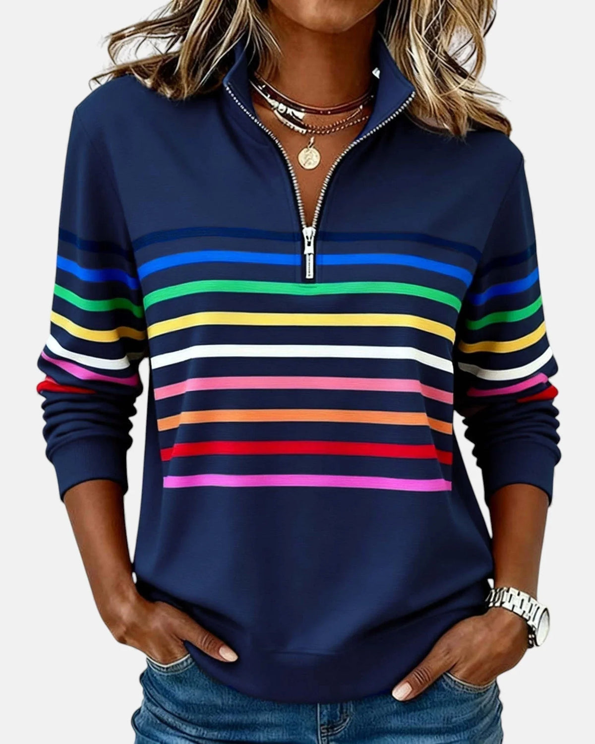 Women's quarter zip sweatshirt striped long sleeve pullover
