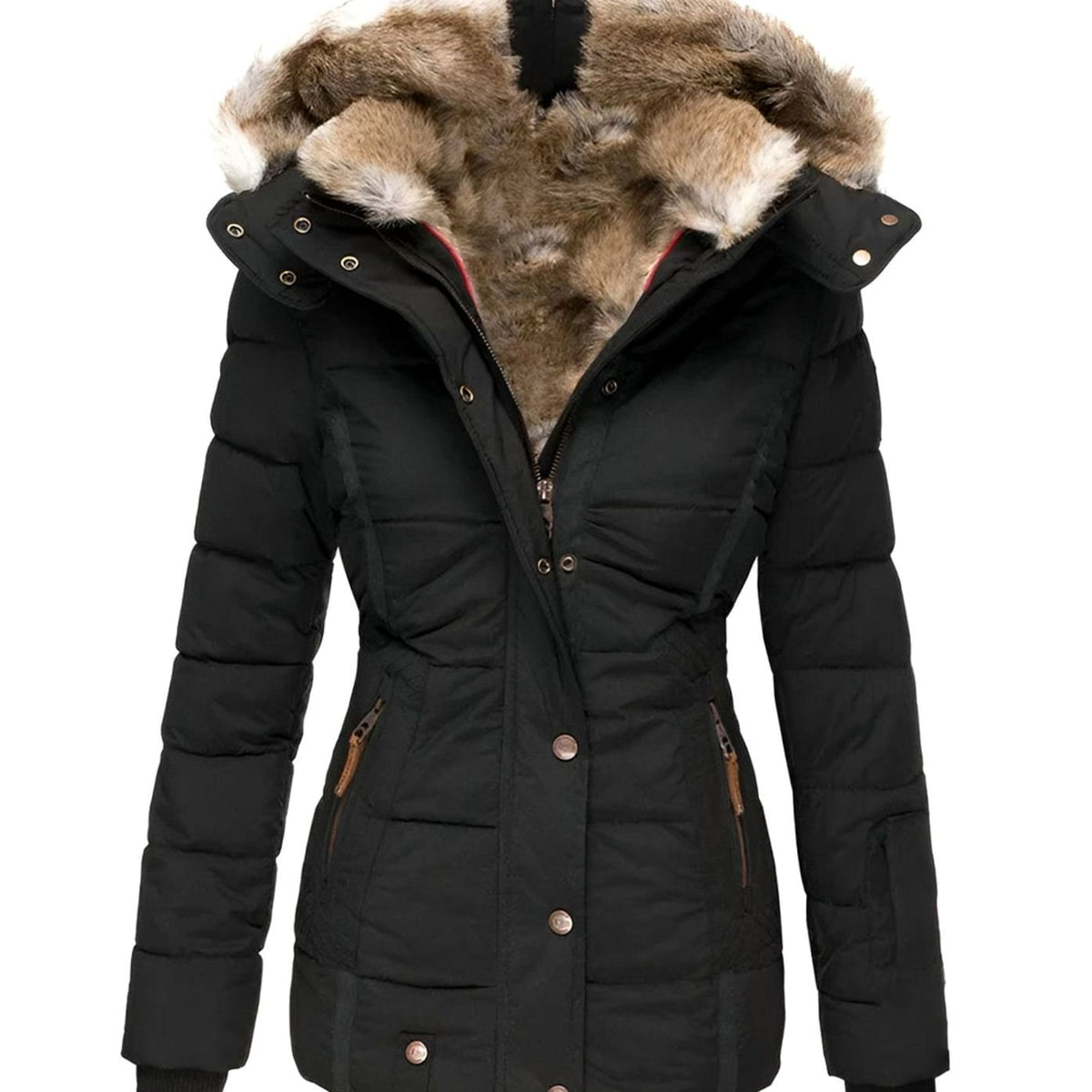 Women's Quilted Fur-Hood Zip-Up Winter Puffer Jacket