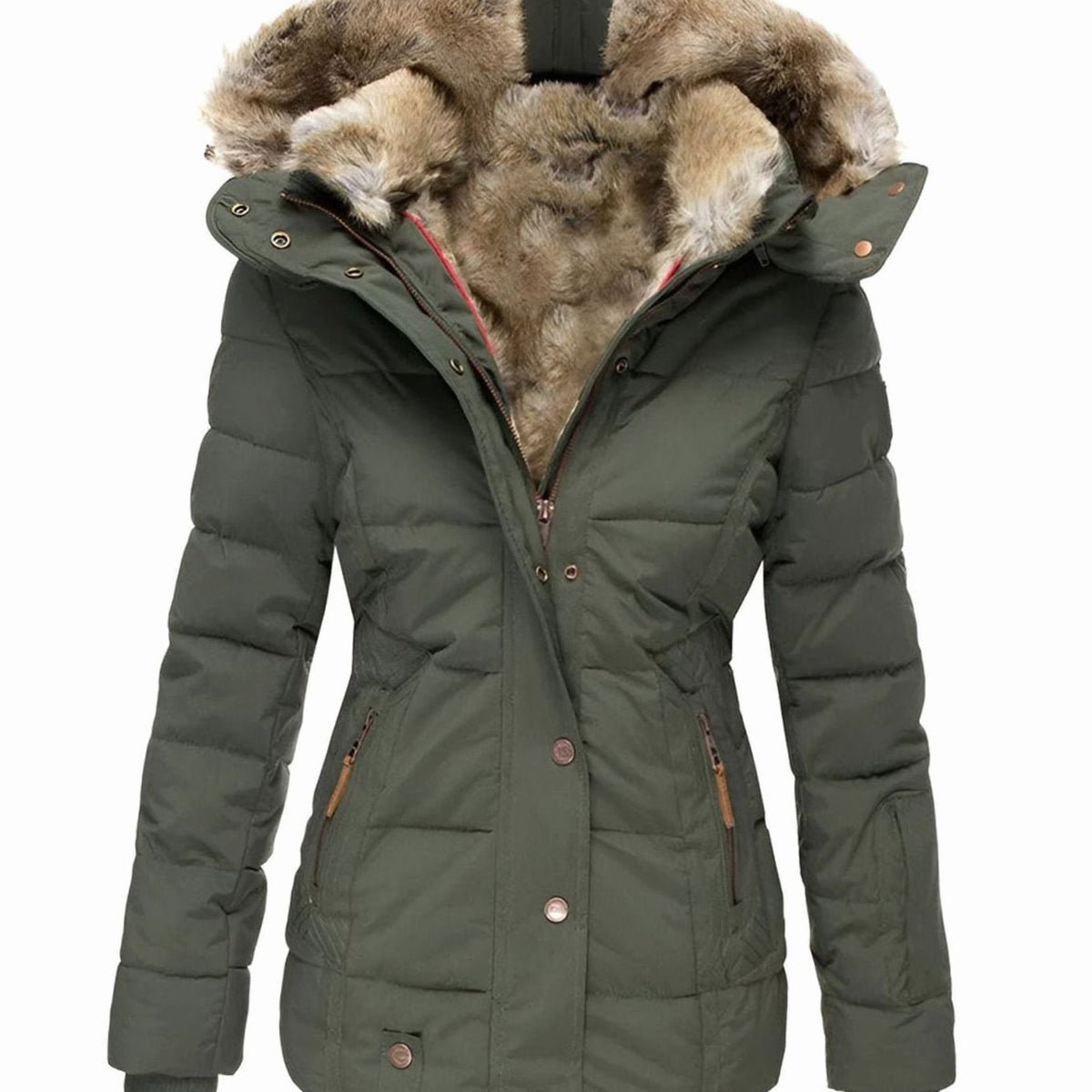 Women's Quilted Fur-Hood Zip-Up Winter Puffer Jacket