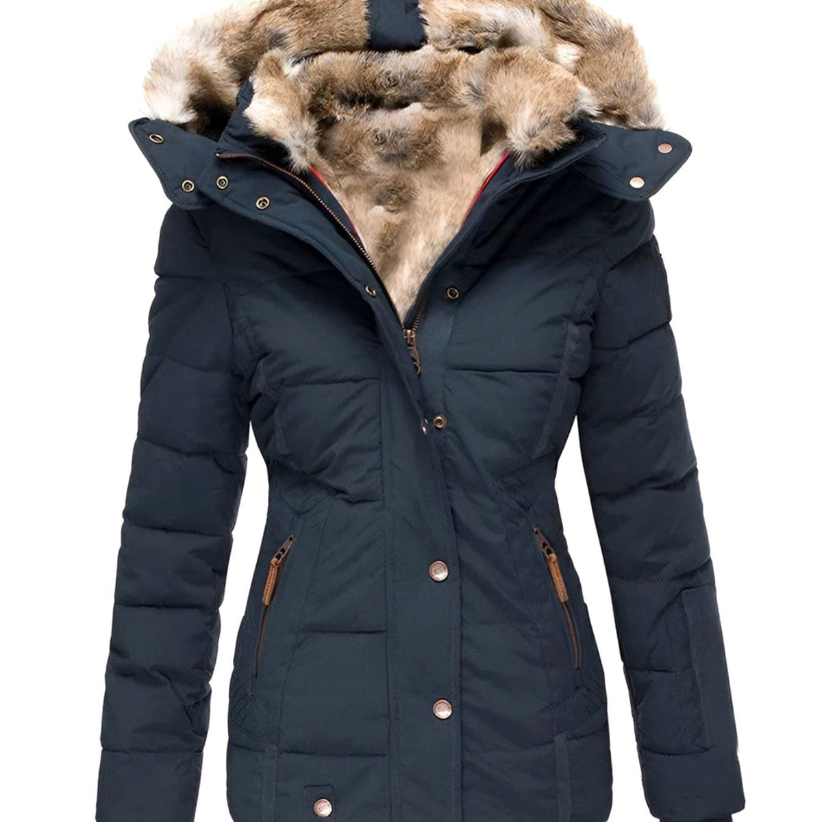 Women's Quilted Fur-Hood Zip-Up Winter Puffer Jacket