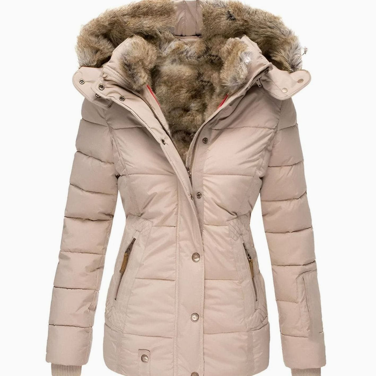 Women's Quilted Fur-Hood Zip-Up Winter Puffer Jacket