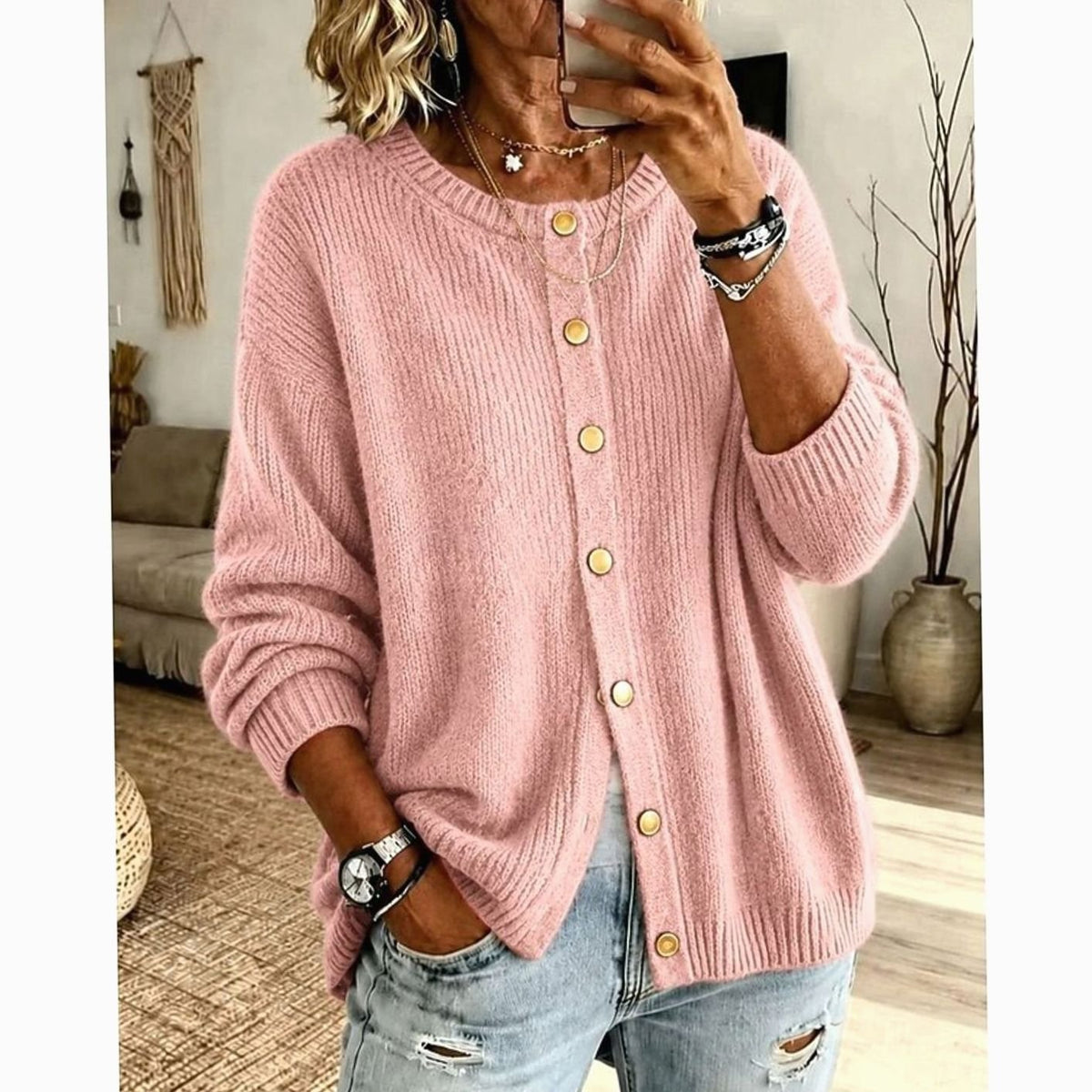 Women's Button Front Cardigan Crew Neck Knit Sweater Relaxed Fit