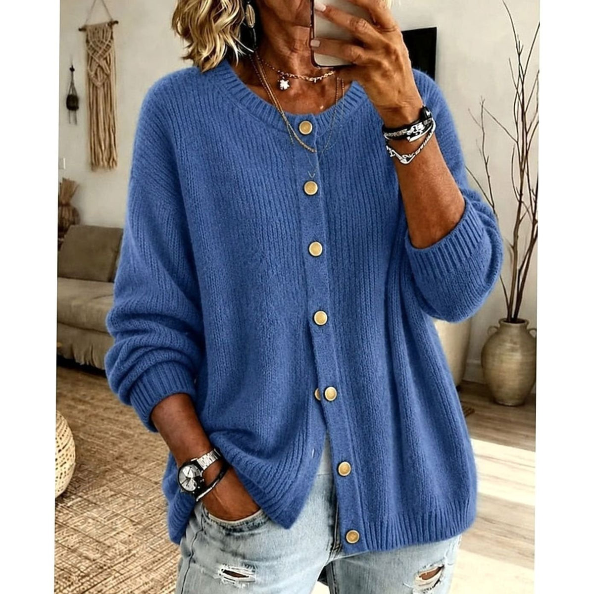 Women's Button Front Cardigan Crew Neck Knit Sweater Relaxed Fit