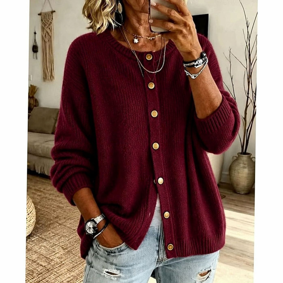 Women's Button Front Cardigan Crew Neck Knit Sweater Relaxed Fit