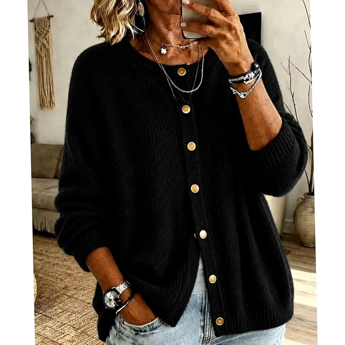 Women's Button Front Cardigan Crew Neck Knit Sweater Relaxed Fit