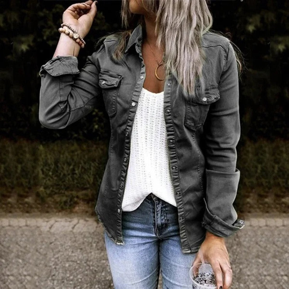 Women's Relaxed-Fit Military-Style Denim Jacket