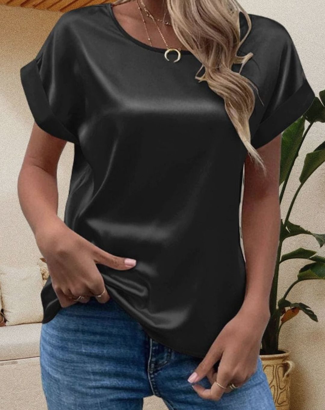Women's Satin Blouse with Round Neckline and Cuffed Short Sleeves | Loose Body, Soft Sheen | Sizes XS to 3XL, 5 Colors