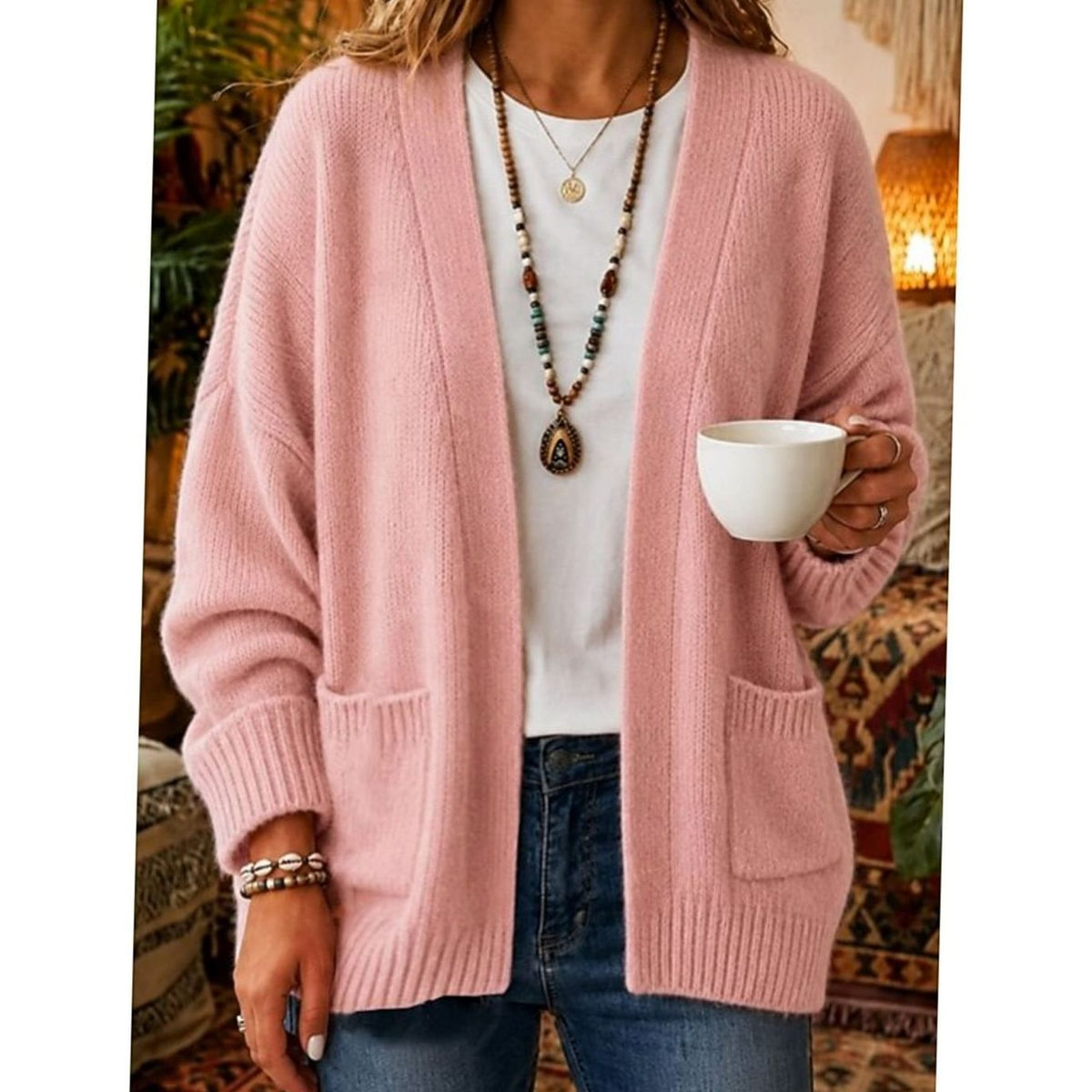 Women's Open Front Cardigan Knit Sweater Relaxed Fit with Pockets