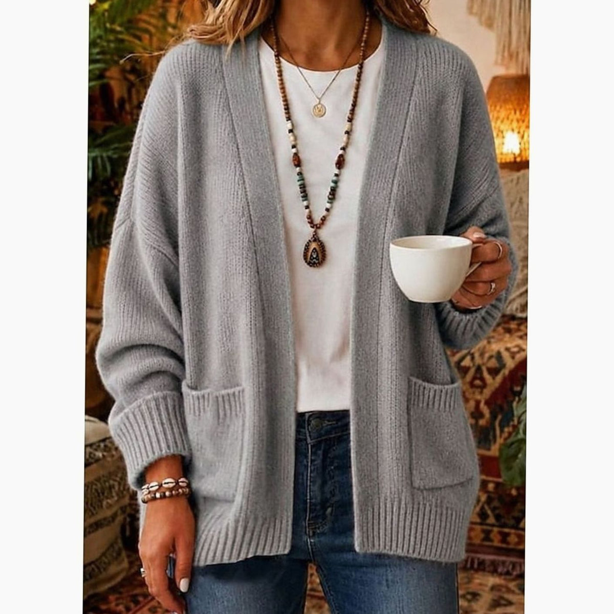 Women's Open Front Cardigan Knit Sweater Relaxed Fit with Pockets