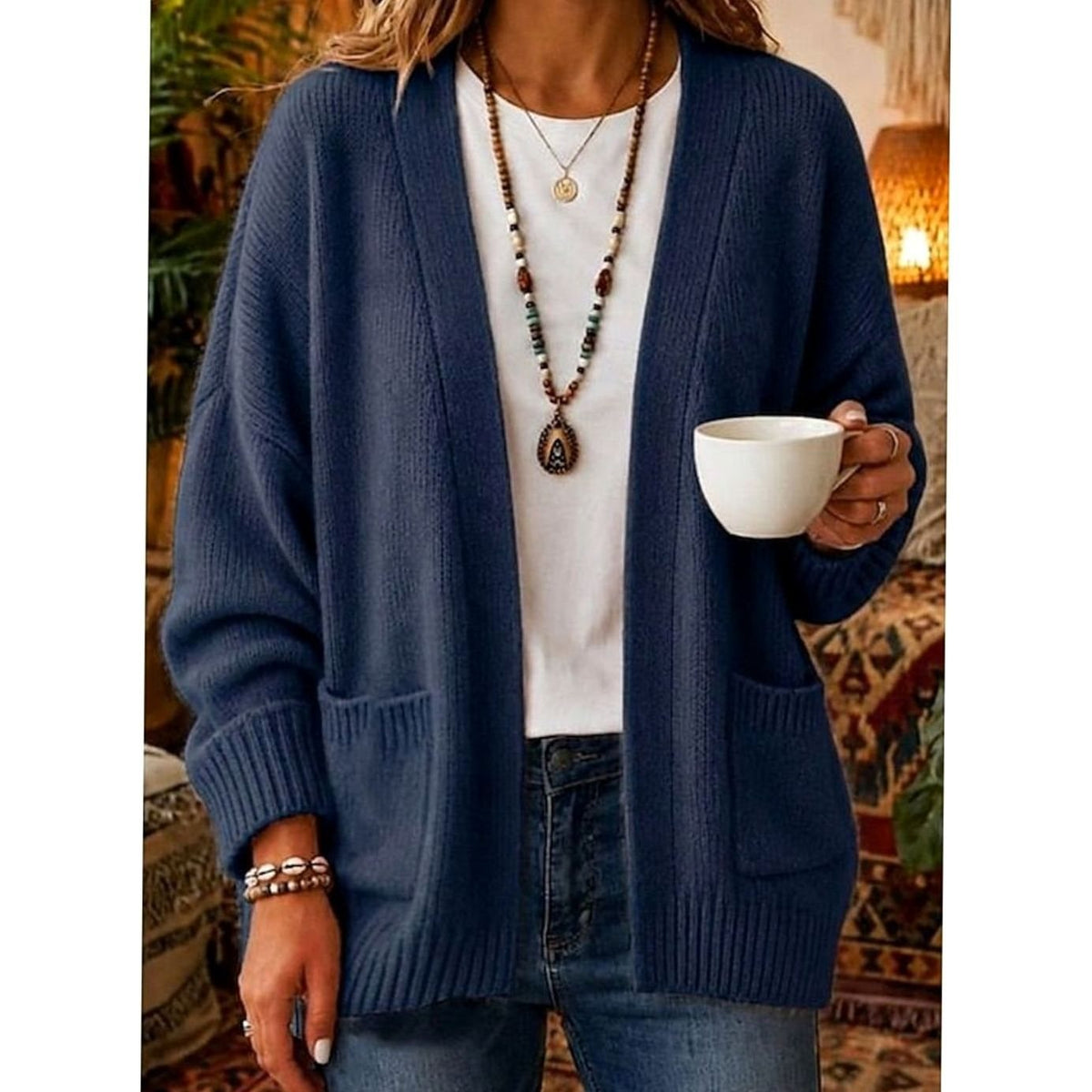 Women's Open Front Cardigan Knit Sweater Relaxed Fit with Pockets