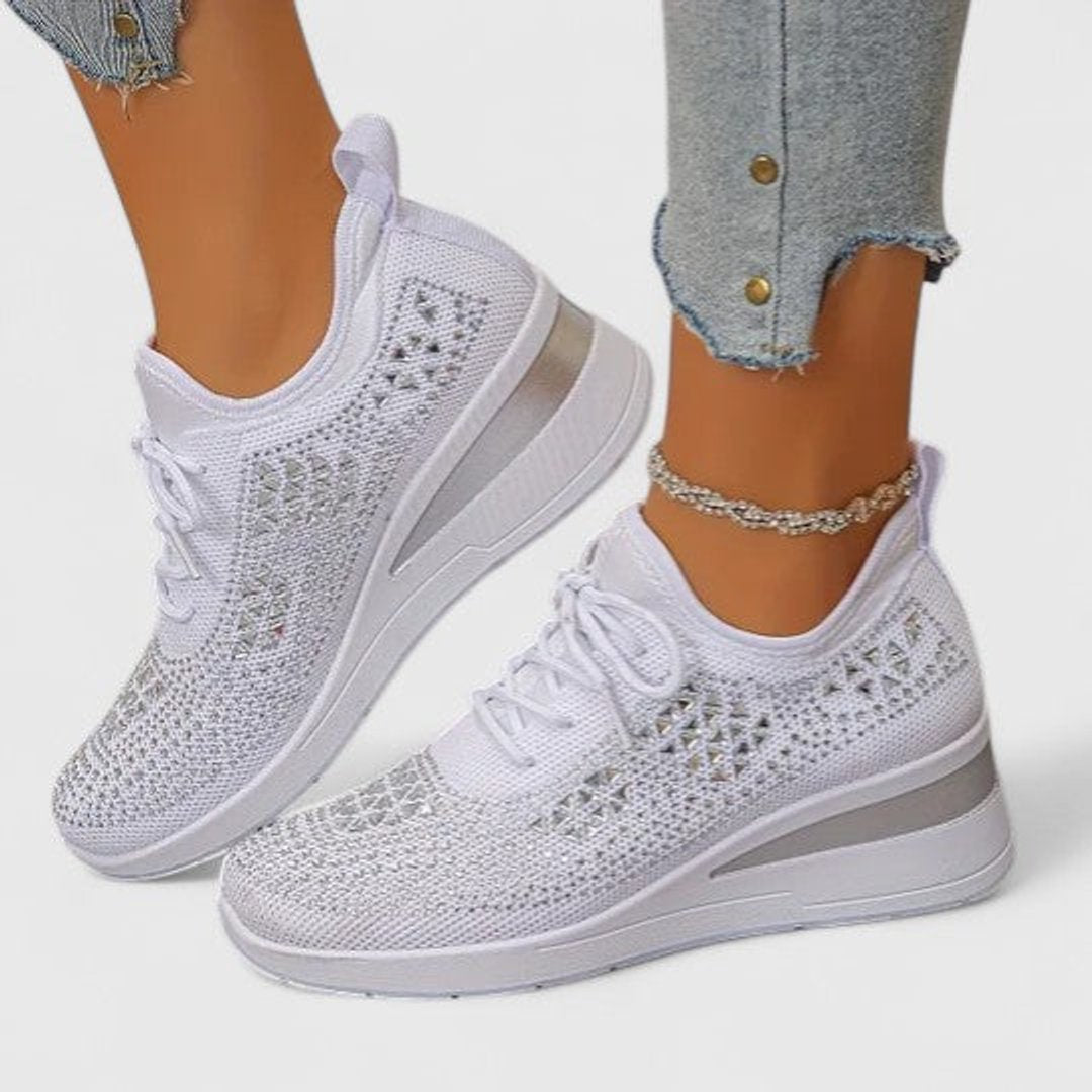 Women's Rhinestone Knit Wedge Lace-Up Sneakers
