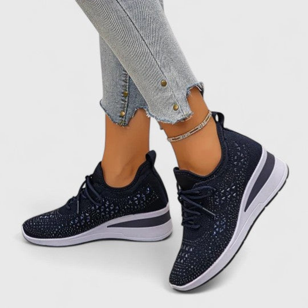 Women's Rhinestone Knit Wedge Lace-Up Sneakers