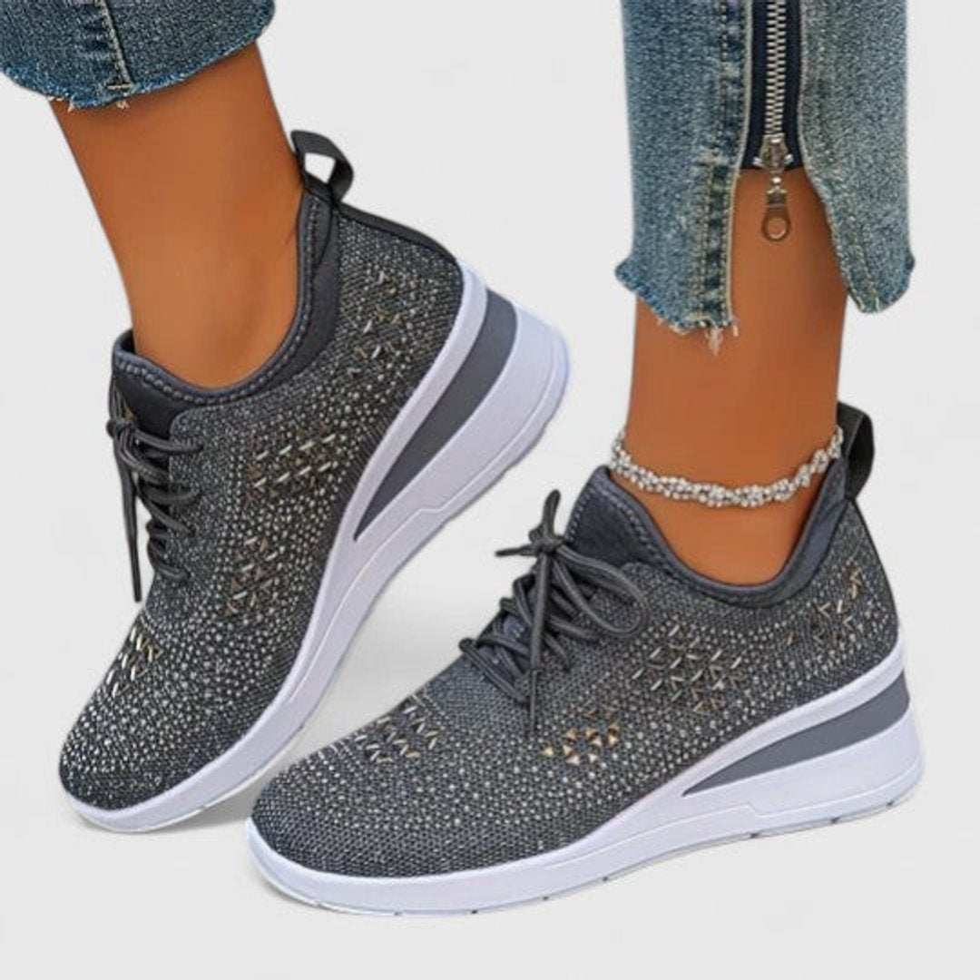 Women's Rhinestone Knit Wedge Lace-Up Sneakers