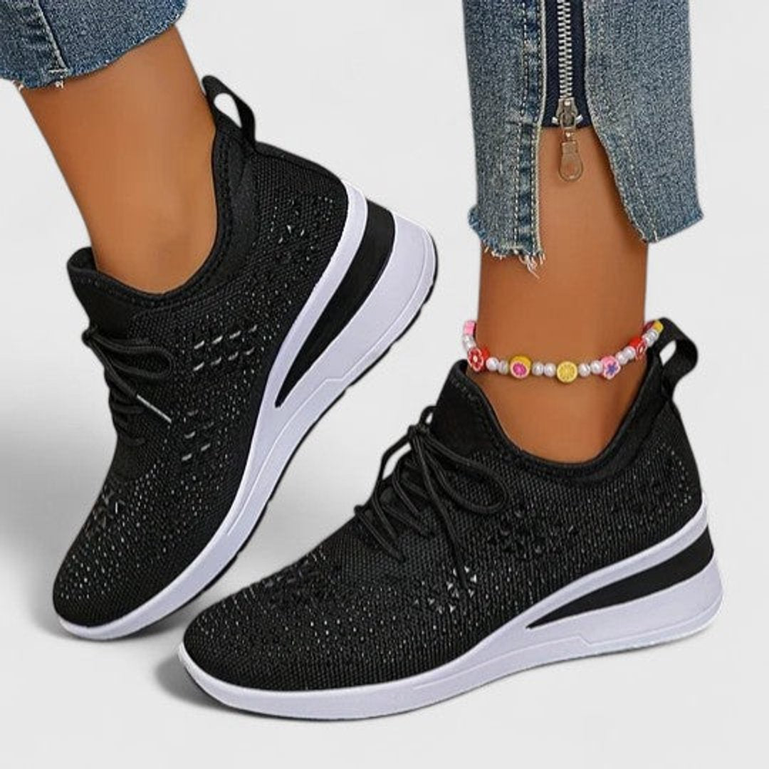 Women's Rhinestone Knit Wedge Lace-Up Sneakers