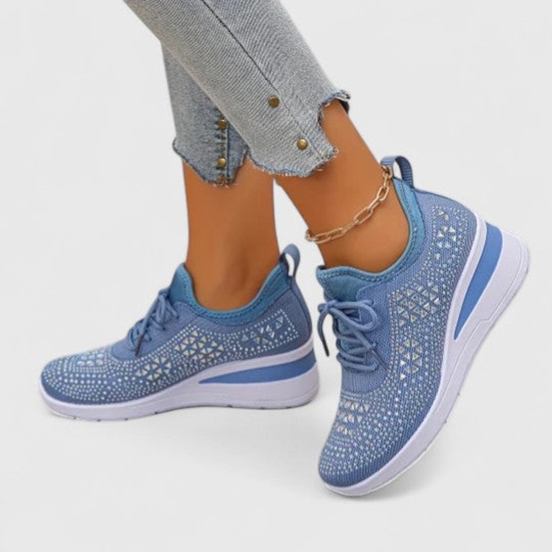 Women's Rhinestone Knit Wedge Lace-Up Sneakers