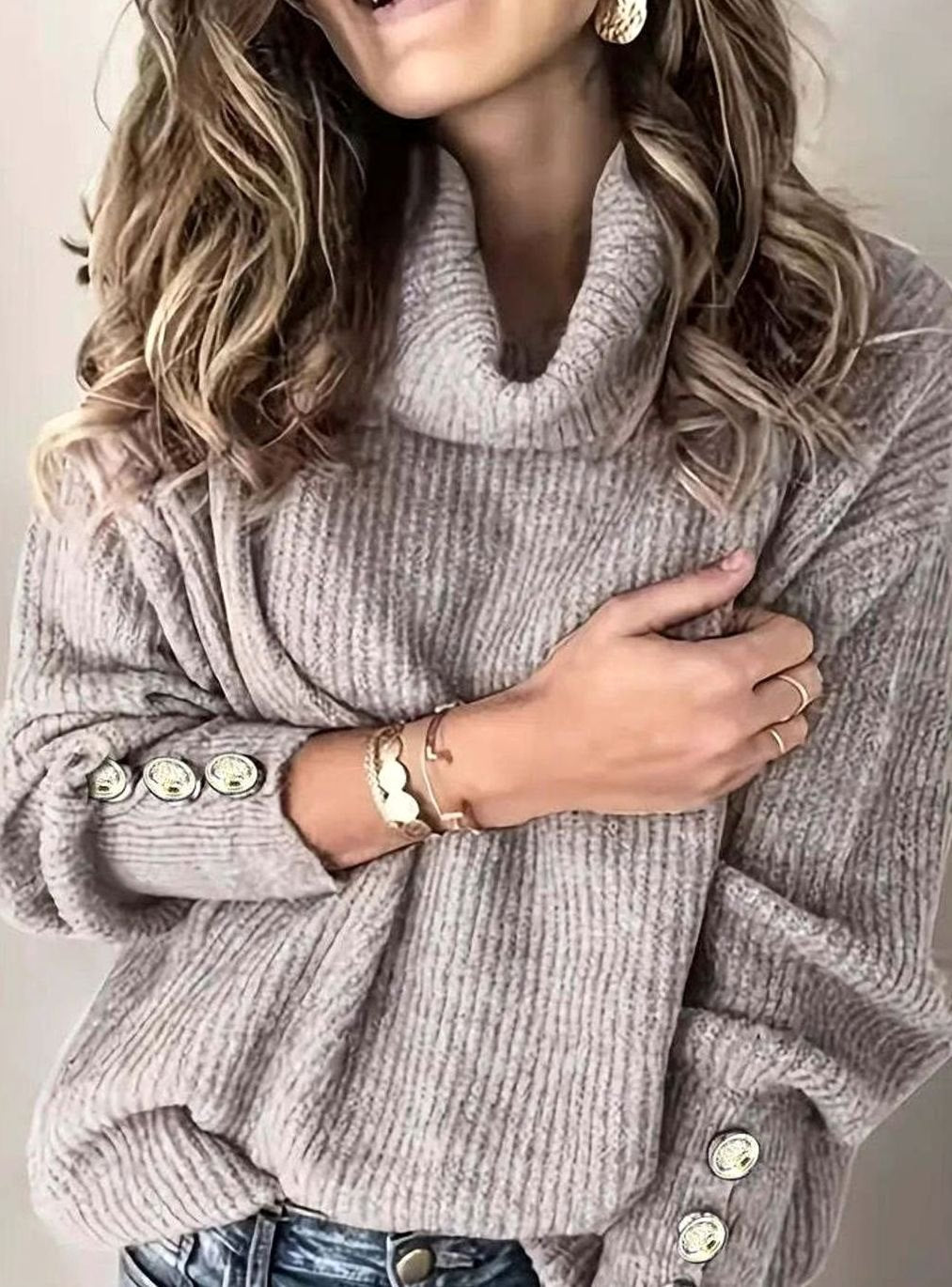 Women's Ribbed Cowl Neck Sweater Button-Cuff Knit Pullover