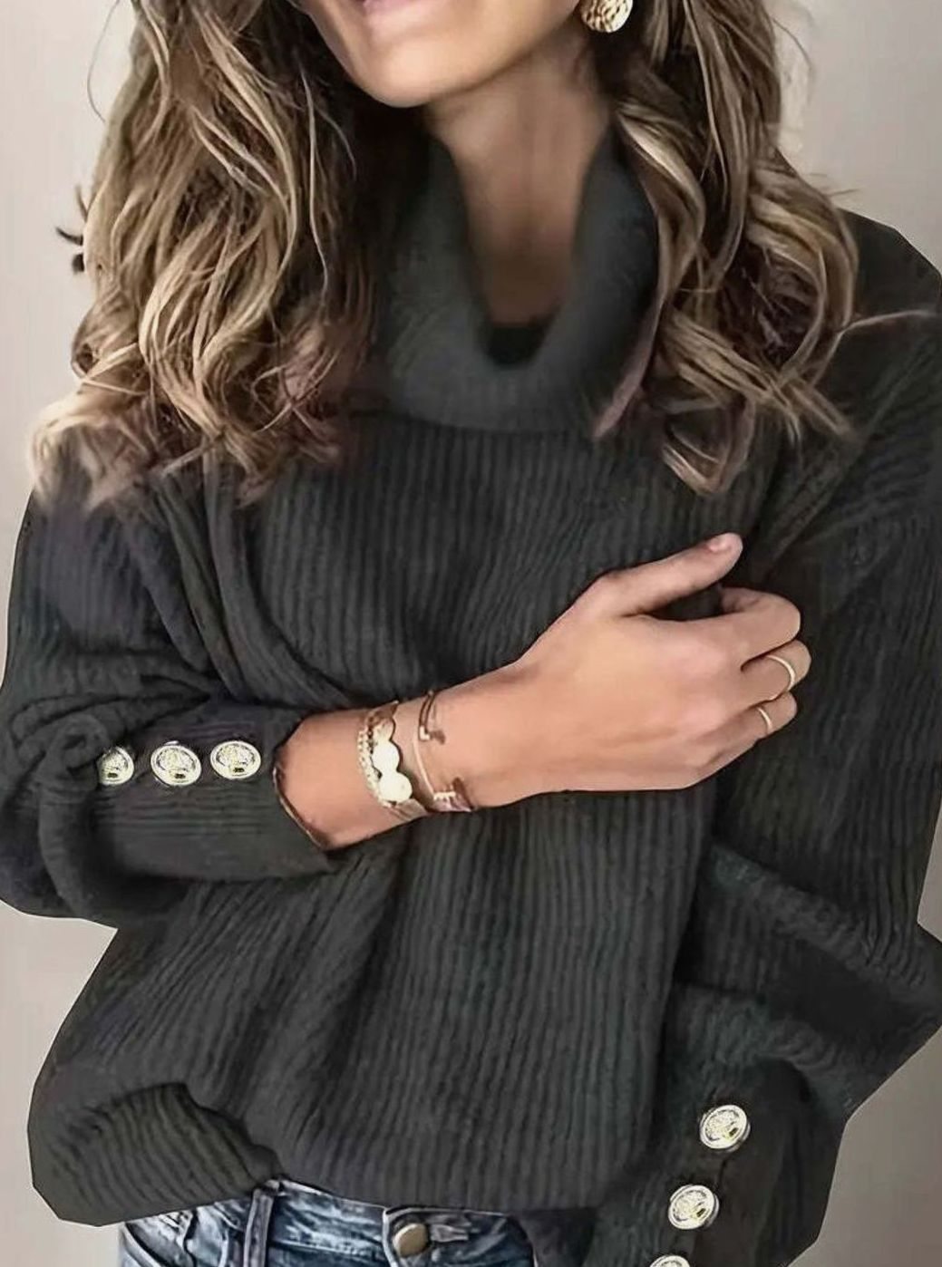 Women's Ribbed Cowl Neck Sweater Button-Cuff Knit Pullover